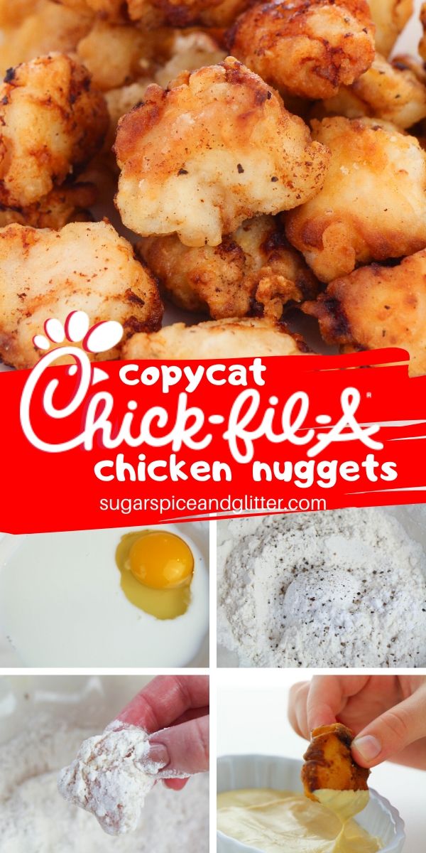 How to make Chick-fil-a chicken nuggets at home - no MSG and you control the sugar and salt! Plus a printable recipe for that amazing Chick-Fil-A sauce! Crispy, tender and flavorful chicken nuggets from scratch