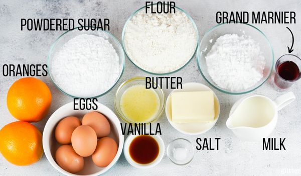 labeled picture of ingredients to make crepes suzette