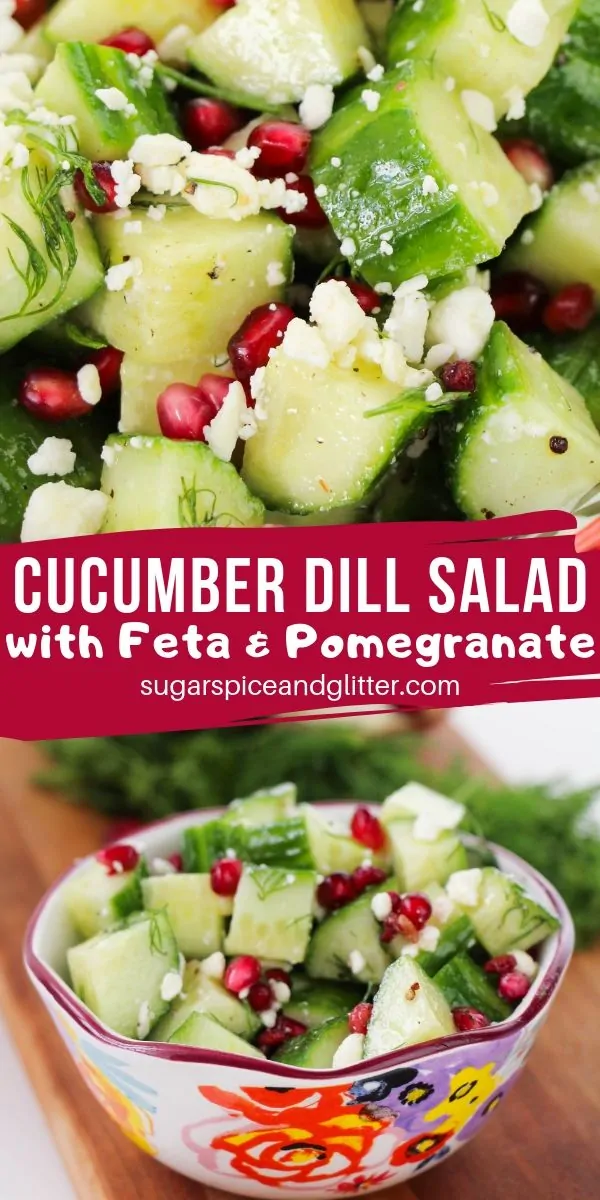 A cold cucumber salad with dill, feta and pomegranate is the perfect summer salad recipe for the whole family
