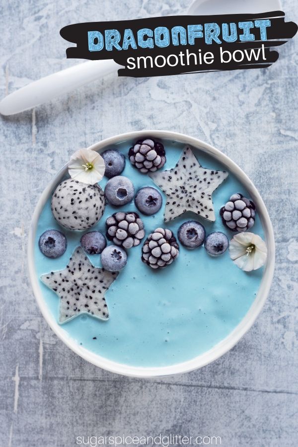 A fun dragonfruit smoothie bowl for experimenting with blue spirulina powder. Flash freeze your berries to give them a "dragon egg" appearance