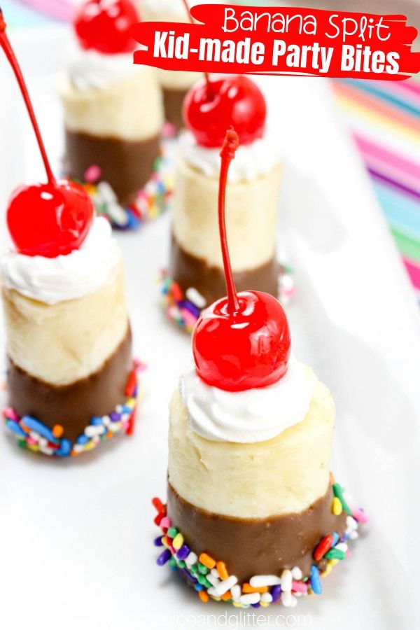 A fun no bake dessert kids can make, these Two-Bite Banana Split Desserts are super cute for a family movie night or ice cream themed party