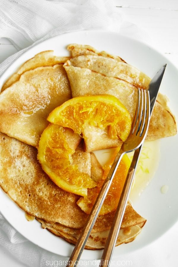Crêpes Suzette is a French dessert of crêpes with a sauce made of caramelized butter, sugar and orange juice - called a beurre Suzette, and spiked with triple sec - traditionally, Grand Marnier.