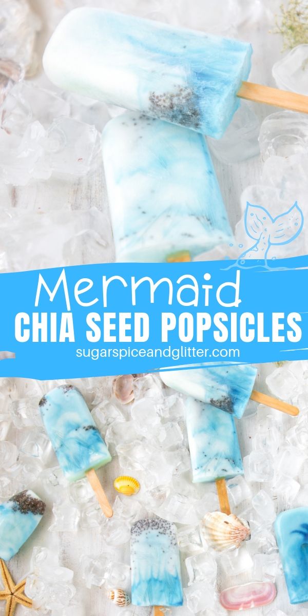 A healthy Mermaid recipe for kids, these Mermaid Chia Seed Popsicles can be made three different ways (blue spirulina, blueberries, or even just blue jello!)