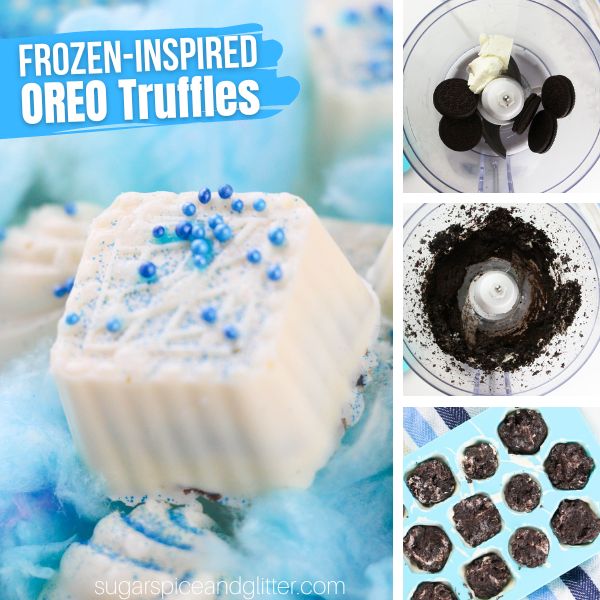 composite image with a close-up of a white truffle with blue sprinkles on a bed of blue cotton candy, along with three in-process images of how to make OREO truffles