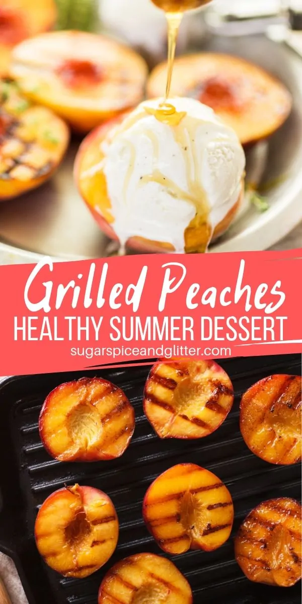 A healthy summer fruit dessert, these Grilled Peaches can be served on their own, with a scoop of ice cream, or with a drizzle of honey. Juicy, caramelized peaches that can be made on the BBQ or an indoor grill