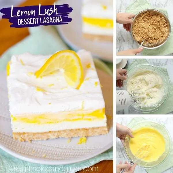 How to make a lemon lush, a 4-layered dessert lasagna with graham cracker crust, cream cheese filling, lemon pudding, and whipped cream topping