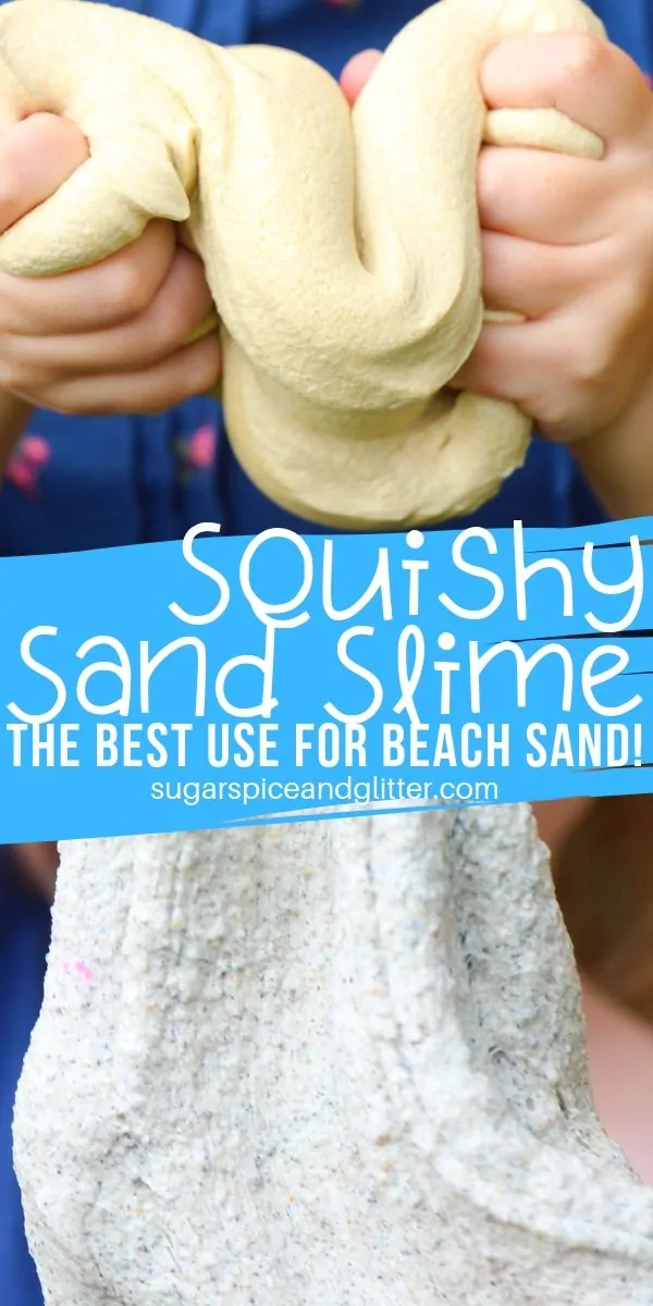 You can make this squishy sand slime two different ways - with beach sand or craft sand (or even playbox sand!) A fun textured slime that's only 4 ingredients