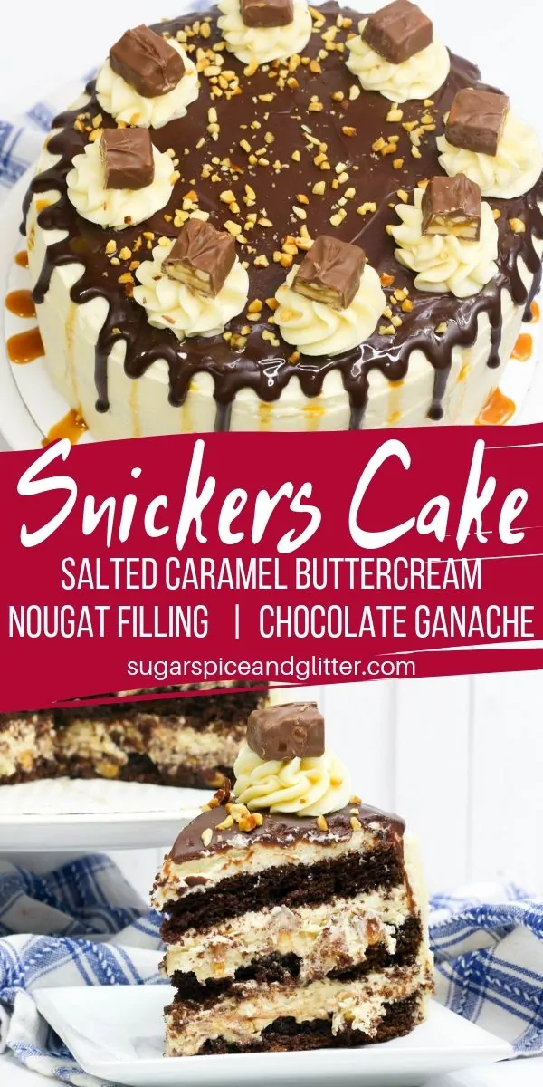 Three layers of chocolate cake. Homemade nougat filling. Salted caramel buttercream frosting. Chocolate ganache drips. You need this SNICKERS CAKE in your life!