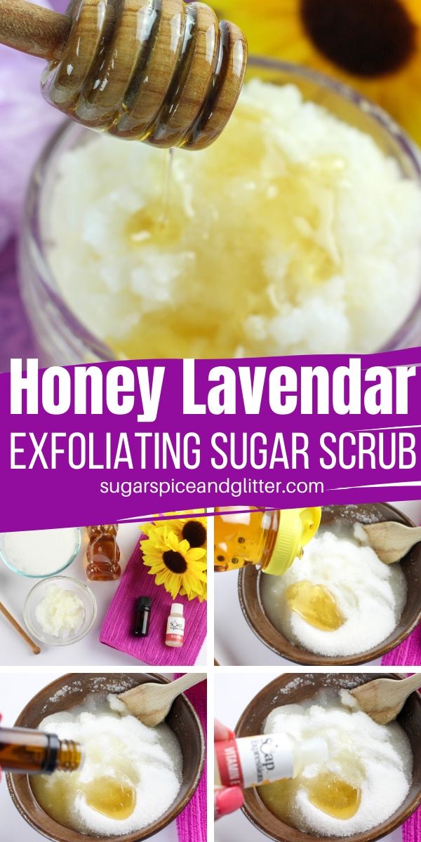 This simple homemade sugar scrub uses honey, lavender, coconut oil, vitamin e oil and lavender essential oil to make a nourishing scrub that softens your skin for days