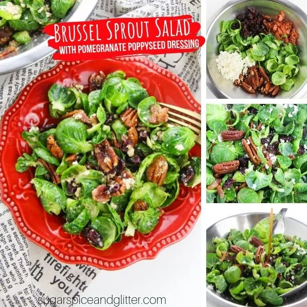 A fresh and delicious brussel sprout salad topped with pomegranate poppyseed dressing is perfect for fall!
