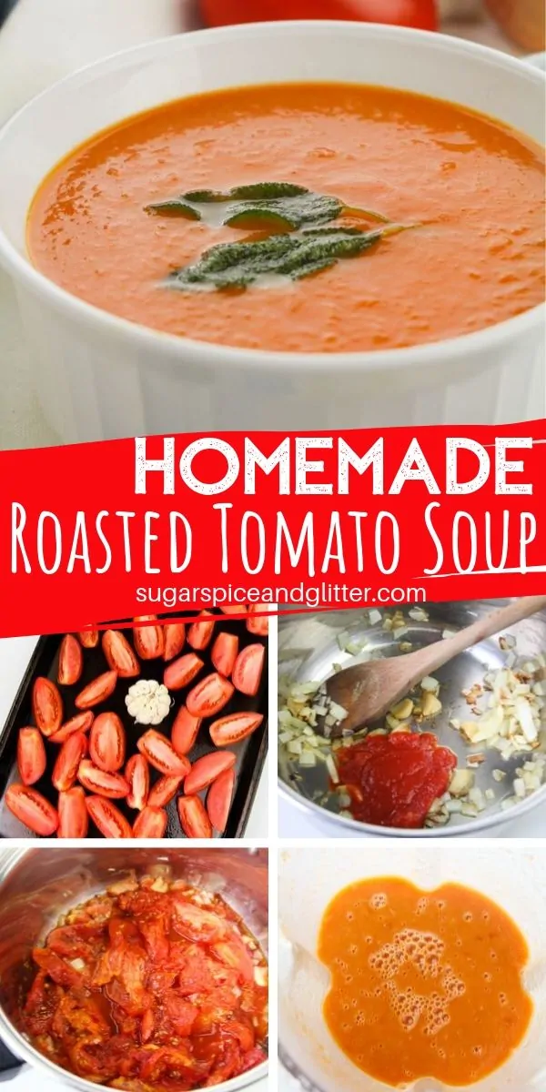 A delicious homemade tomato soup recipe made with roasted tomatoes - and it packs in 4 servings of vegetables per serving! A great way to get kids to eat their veggies