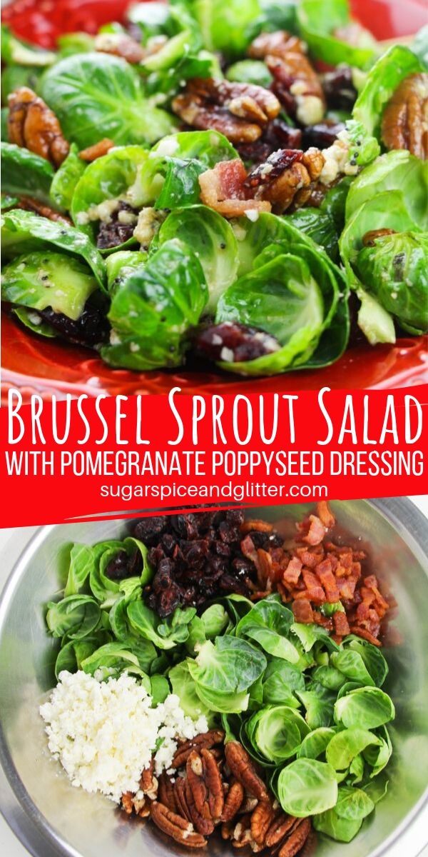 The best fall salad! This brussel sprout salad with feta cheese, pecans, dried cranberries and fresh bacon bits is topped with pomegranate poppyseed dressing for the most delicious salad you will make this fall!