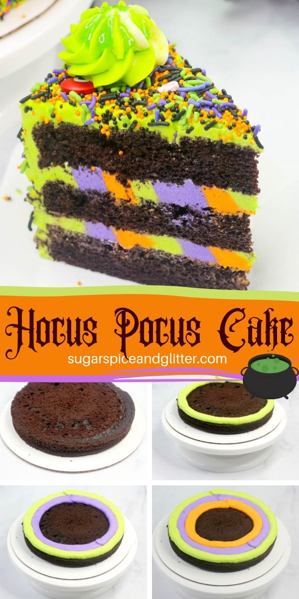 A step-by-step tuturial for making a fun Hocus Pocus recipe perfect for a Halloween party or a family movie night, this Hocus Pocus Cake is colourful and fun - both inside and out!