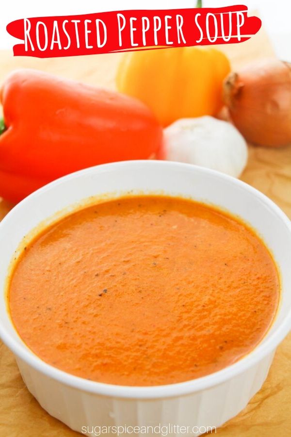 Creamy, flavorful Roasted Pepper Soup made with no dairy or flour - just delicious roasted vegetable flavor and warming spices. Make it as spicy as you want (but it doesn't have to be spicy at all). The perfect soup to pair with a sandwich for a filling and healthy lunch