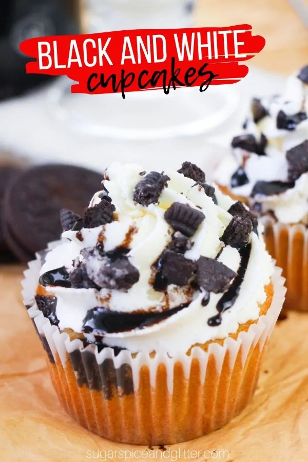 This Black and White Cupcake is actually a decadent White Mocha Cupcake with White Chocolate Frosting and a Cookies and Cream Ganache filling!