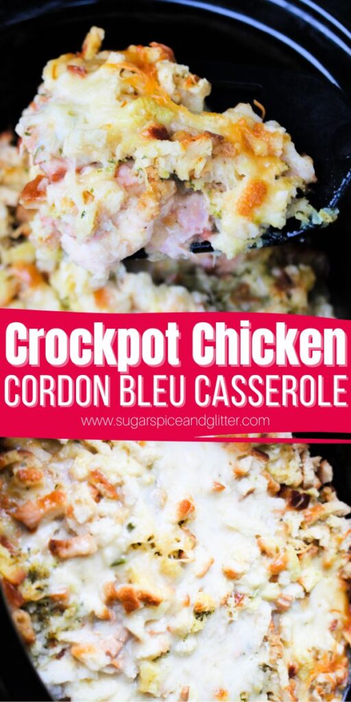 A layered crockpot chicken recipe inspired by Chicken Cordon Bleu, this retro Crockpot Chicken Swiss Casserole is the perfect comfort food meal, incorporate chicken, stuffing, cheese and ham in one tasty dish!