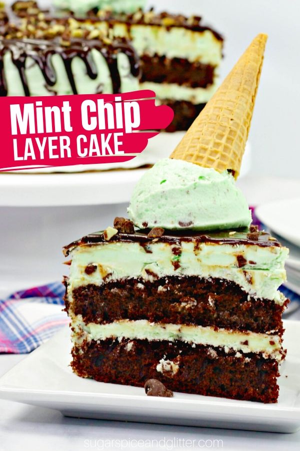 A decadent Mint Chocolate Chip Layer Cake inspired by mint chip ice cream! Perfect for an ice cream birthday party or just a special summer dessert