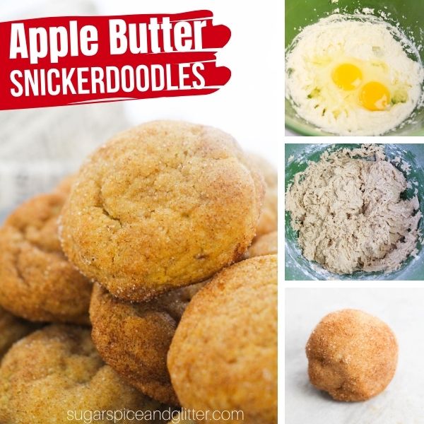 Composite image of apple butter snickerdoodle cookies and 3 process steps to make it