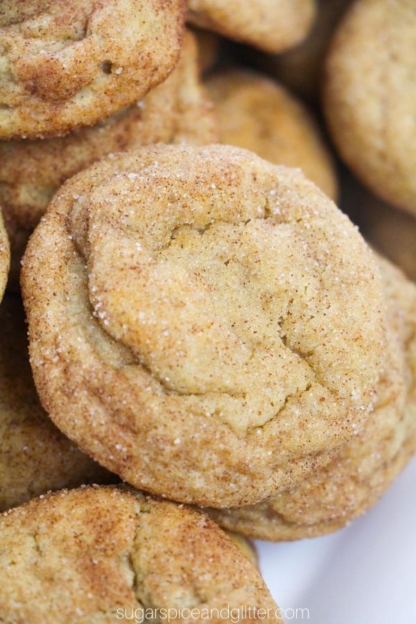 Close-up shot of an apple butter snickerdoodle cookie with cinnamon sugar sprinkled on top