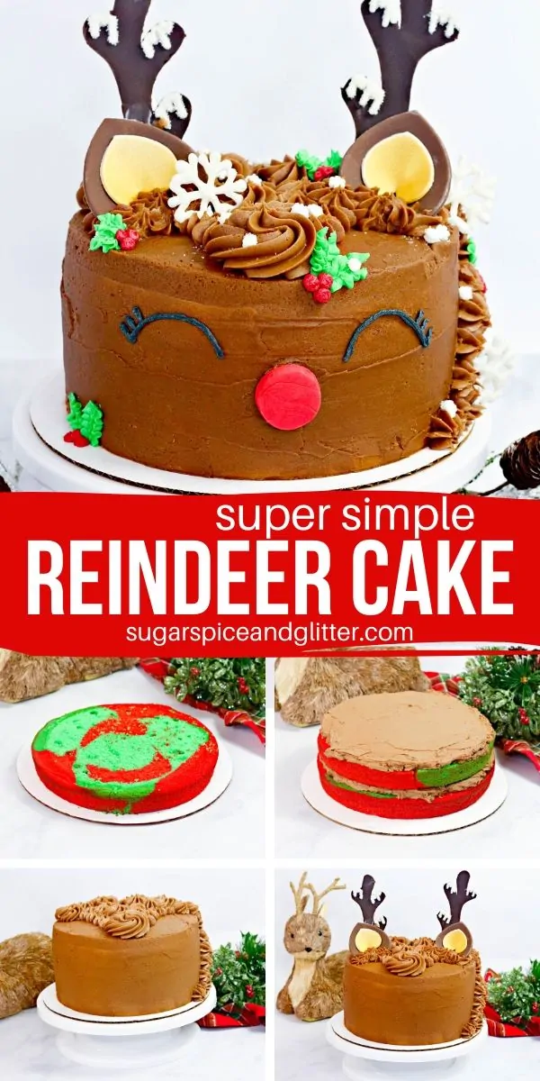 A crazy simple Christmas Cake that your family won't believe didn't come from a bakery! This Rudolph Reindeer Cake is super simple to make and is the perfect centerpiece for your Christmas party