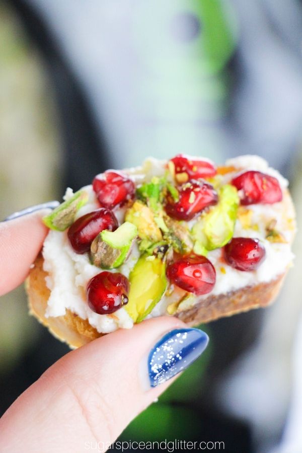 Honeyed Ricotta Crostini with Pistachios and Pomegranate Seeds