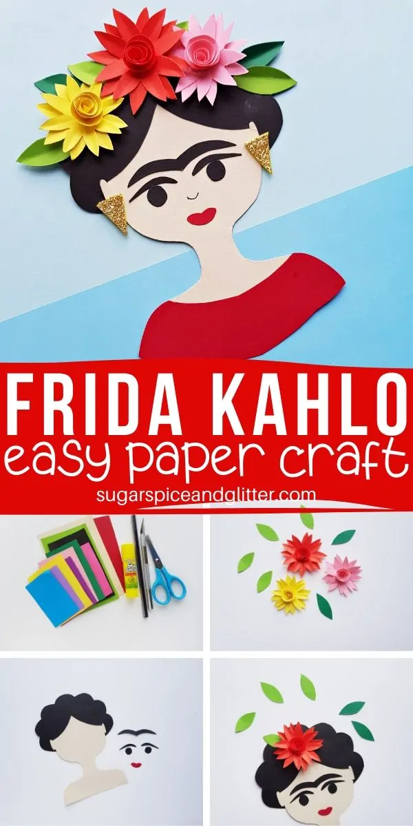 How to make a Frida Kahlo Paper Craft, a simple craft for an artist study using a free printable template. The 3D flowers can also be made separately to add to a self-portait