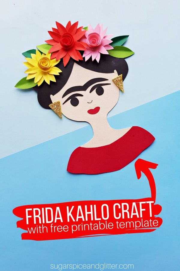 A gorgeous kid-made Frida Kahlo Craft with free printable template, perfect for doing during a Frida Kahlo artist study or when learning about Mexican art. Frame, make into a magnet or give as a special handmade card