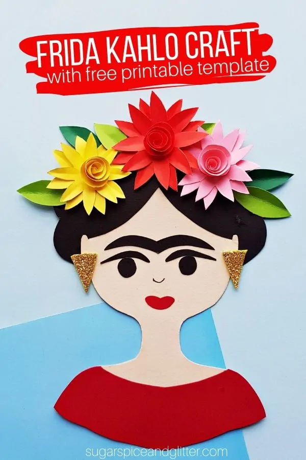 A gorgeous kid-made Frida Kahlo Craft with free printable template, perfect for doing during a Frida Kahlo artist study or when learning about Mexican art. Frame, make into a magnet or give as a special handmade card