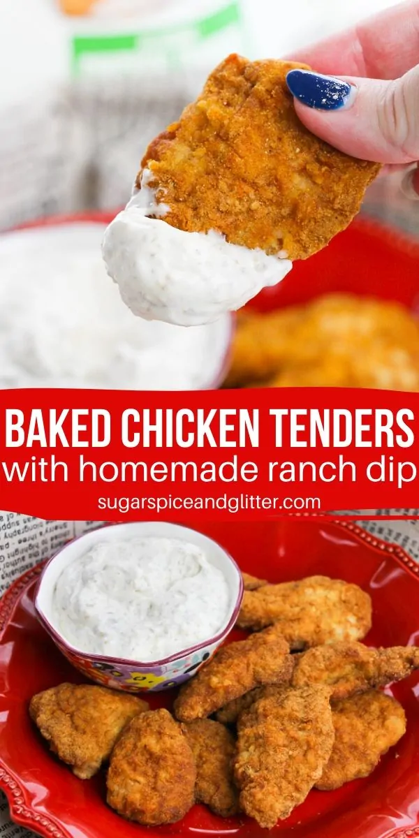 A healthy swap, these Baked Chicken Tenders are out of this world delicious when paired with this simple homemade ranch dip - amazing flavor and super creamy