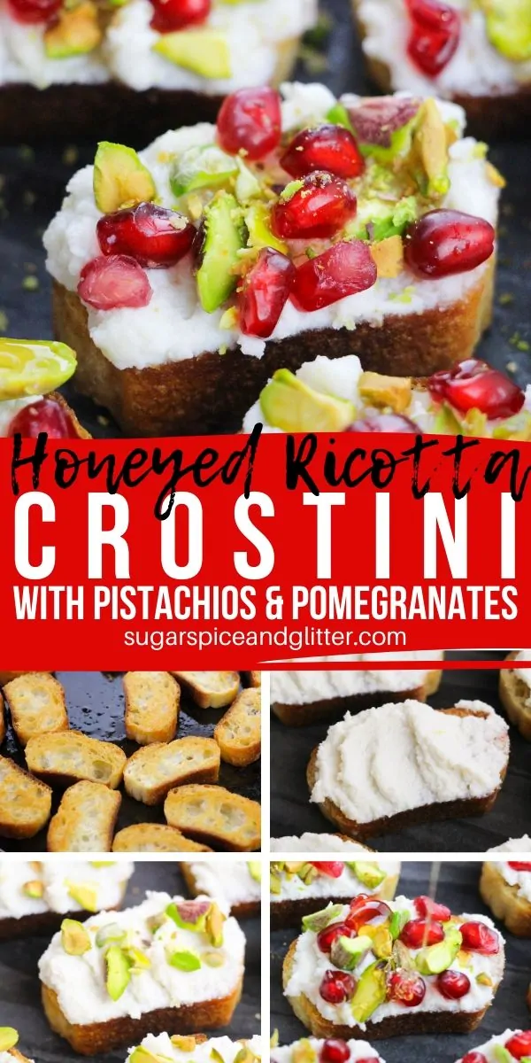 The best holiday appetizer, Honeyed Ricotta Crostini is super simple and quick to make, and those pomegranate and pistachio toppings make it extra festive (and not to mention tasty)