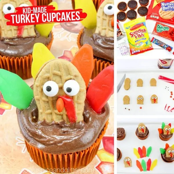 A fun and super simple Thanksgiving dessert kids can make, these Turkey Cupcakes are a fun addition to your Thanksgiving dessert table