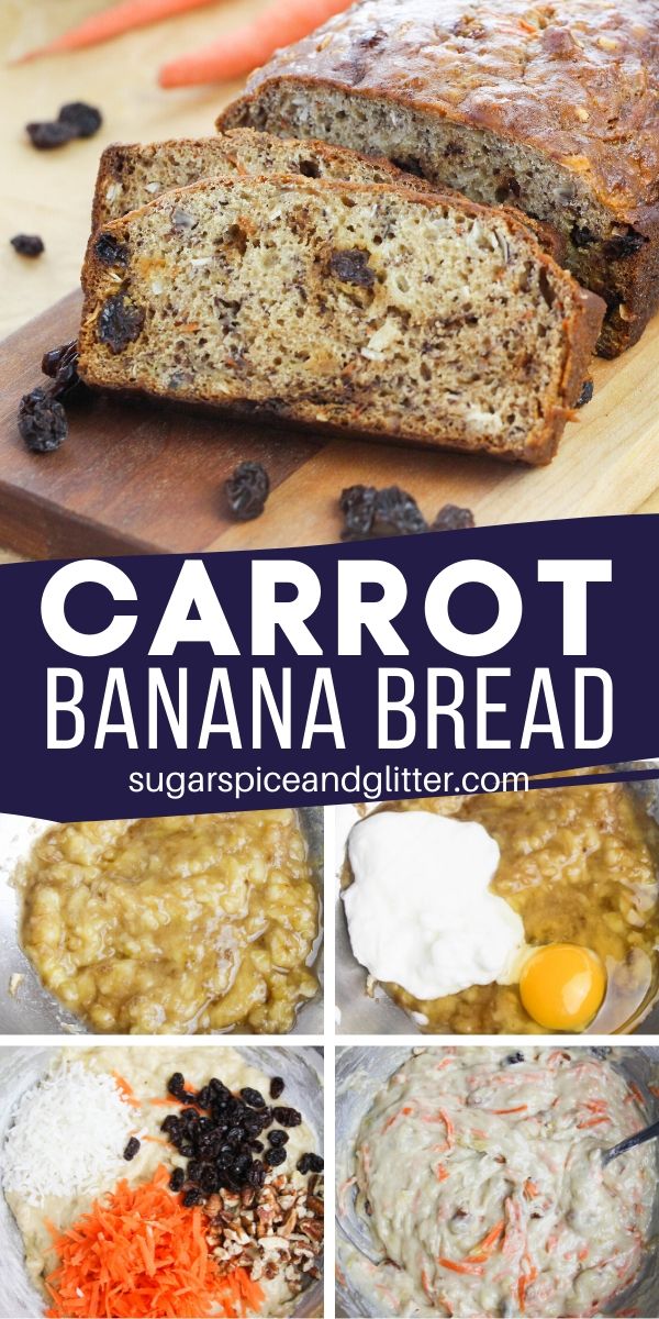 Tender banana bread with all of the flavors and mix-ins of carrot cake! This unique banana bread is the perfect option if you're craving carrot cake but don't have the time to make it, a quick bread recipe ready to bake in less than 10 minutes