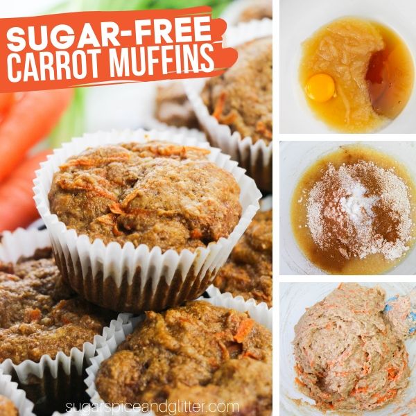 composite image with a close-up of a carrot muffin in a white muffin liner on top of a pile of carrot muffins, along with 3 in-process images