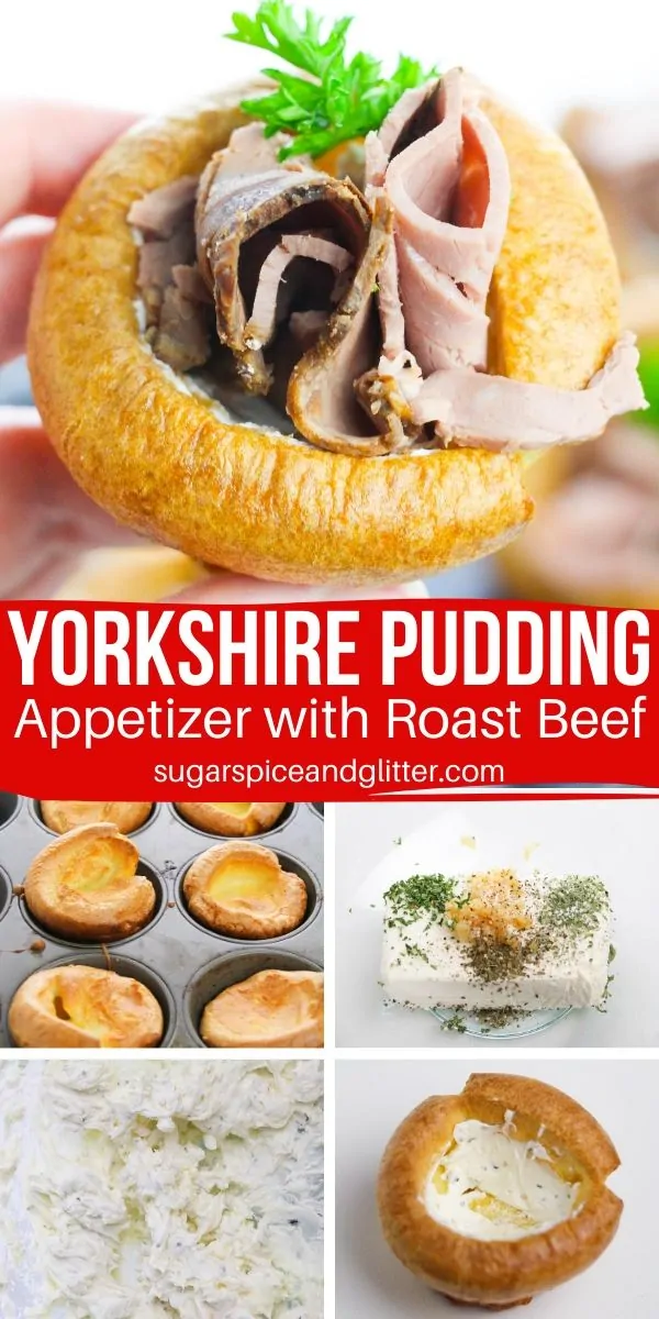 A fun and easy Christmas appetizer, these Yorkshire Pudding cups are stuffed with homemade herb and garlic cream cheese and roast beef for a Mini Roast Beef Supper in a cup!