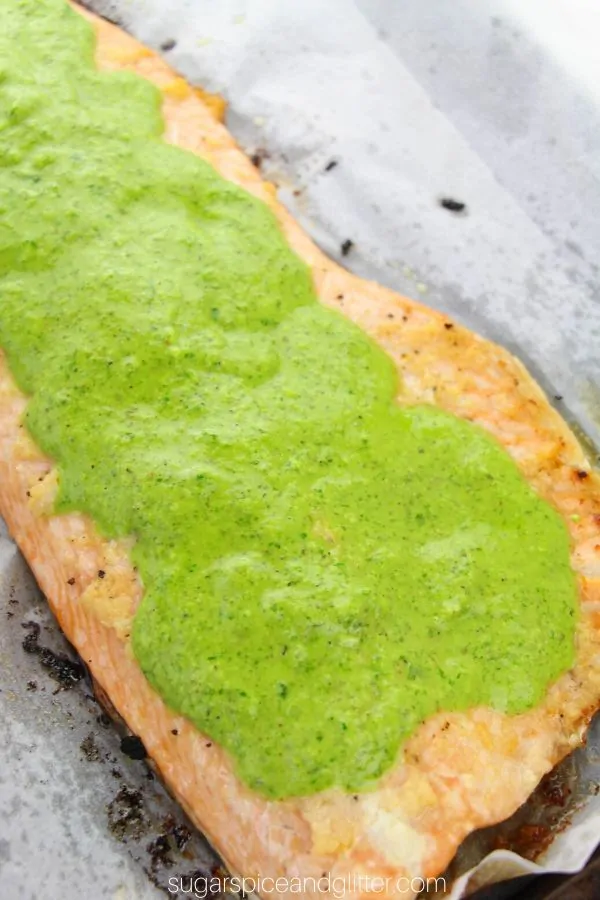 A delicious way to incorporate more heart-healthy salmon into your week, this Chimichurri Salmon recipe uses a simple homemade chimichurri sauce to elevate a simple baked salmon to a at-home gourmet experience