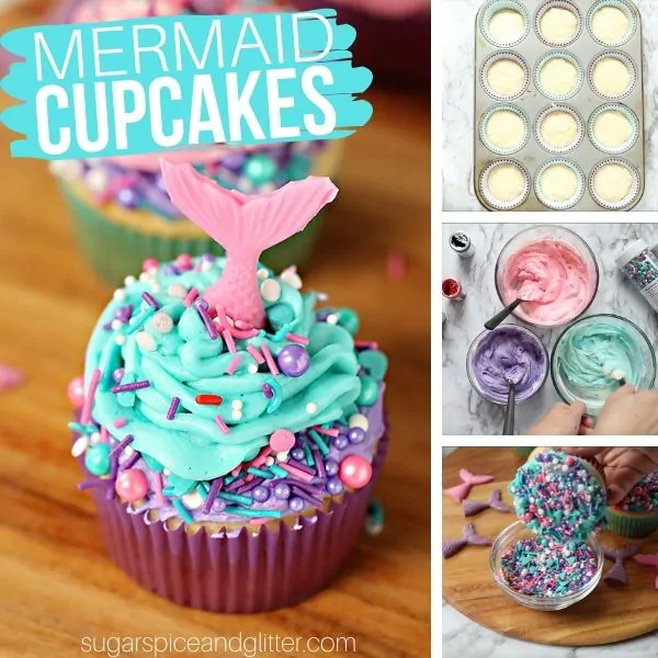 How to make mermaid cupcakes - two-tone frosting, magical mermaid sprinkles, and a candy mermaid tail combine to make a gorgeous birthday party cupcake