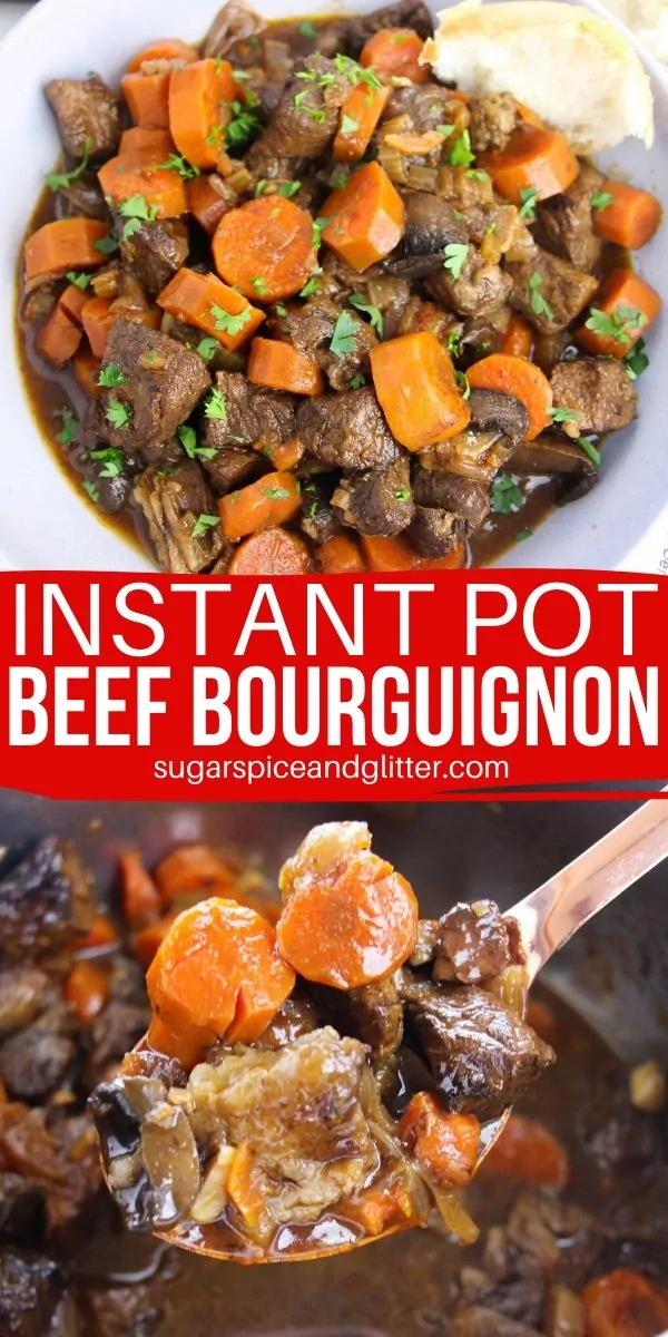The only Instant Pot Beef Stew recipe you will ever need - this Instant Pot Beef Bourguignon can be made family-friendly, or prepared the traditional French way - both in less than an hour