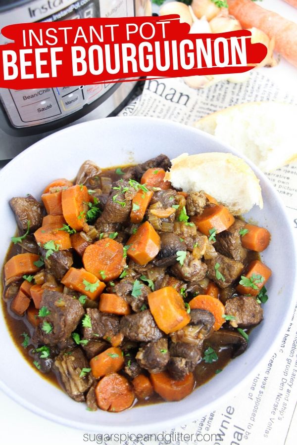 Instant Pot Beef Bourguignon is a mouth-watering beef stew featuring melt-in-your-mouth steak, rich wine gravy and perfectly cooked vegetables. Ready in under an hour