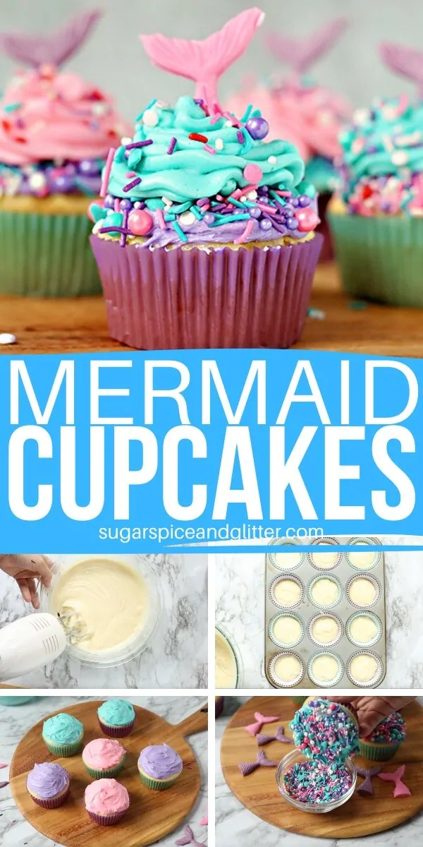 A step-by-step tutorial for how to make these Magical Mermaid Cupcakes - two-tone buttercream frosting, pretty sprinkles, and easy homemade candy tails - perfect for a mermaid party