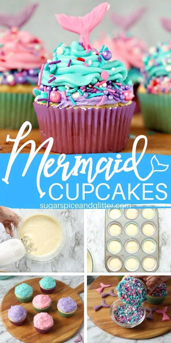 A step-by-step tutorial for how to make these Magical Mermaid Cupcakes - two-tone buttercream frosting, pretty sprinkles, and easy homemade candy tails