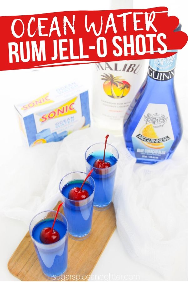 These OCEAN WATER JELL-O SHOTS are the perfect summer party shot! This tropical cocktail is made with coconut rum and tastes just like a Blue Hawaiian or Ocean Water