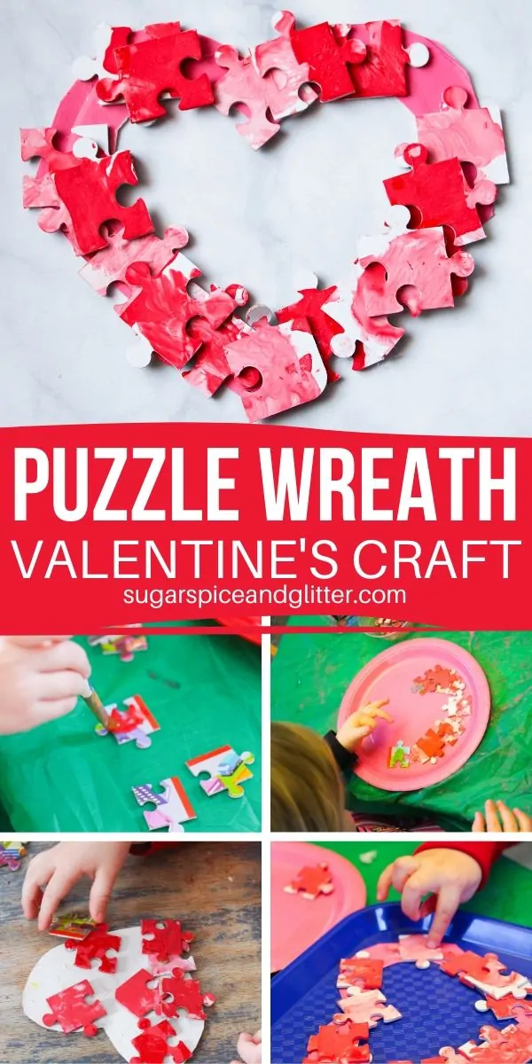 Show them that they have a little piece of your heart with this simple Valentine's Day wreath made of leftover puzzle pieces