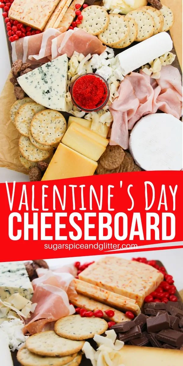 A unique appetizer for your Valentine's Day celebrations, this Valentine's Day cheeseboard features a variety of cheeses, crackers and treats to spoil your loved ones this holiday