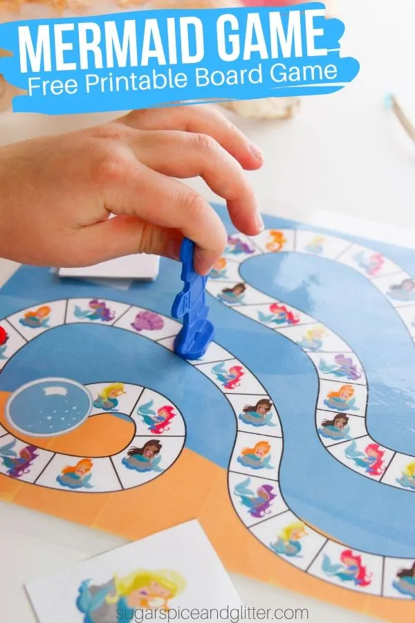 A simple mermaid game for kids, this printable board game is an underwater version of Candy Land perfect for a family game night or a free Mermaid birthday party gift