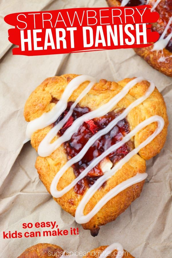 A cute brunch recipe so easy - kids can make it! These Strawberry Heart Danishes are a fun twist on cream cheese danishes using only 5 ingredients