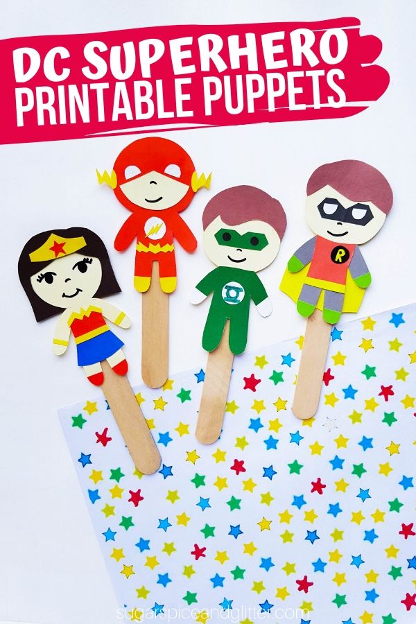 Kids can put on their own Superhero Puppet Shows after making this super simple DC Superhero Craft. Includes a free printable to make these Popsicle Stick Puppets