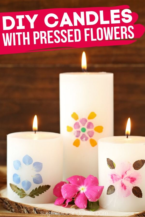 A gorgeous handmade gift for a birthday, Mother's Day or to display pressed flowers from a vacation, this easy candle craft uses pillar candles and fresh picked flowers for a beautiful piece of homemade decor