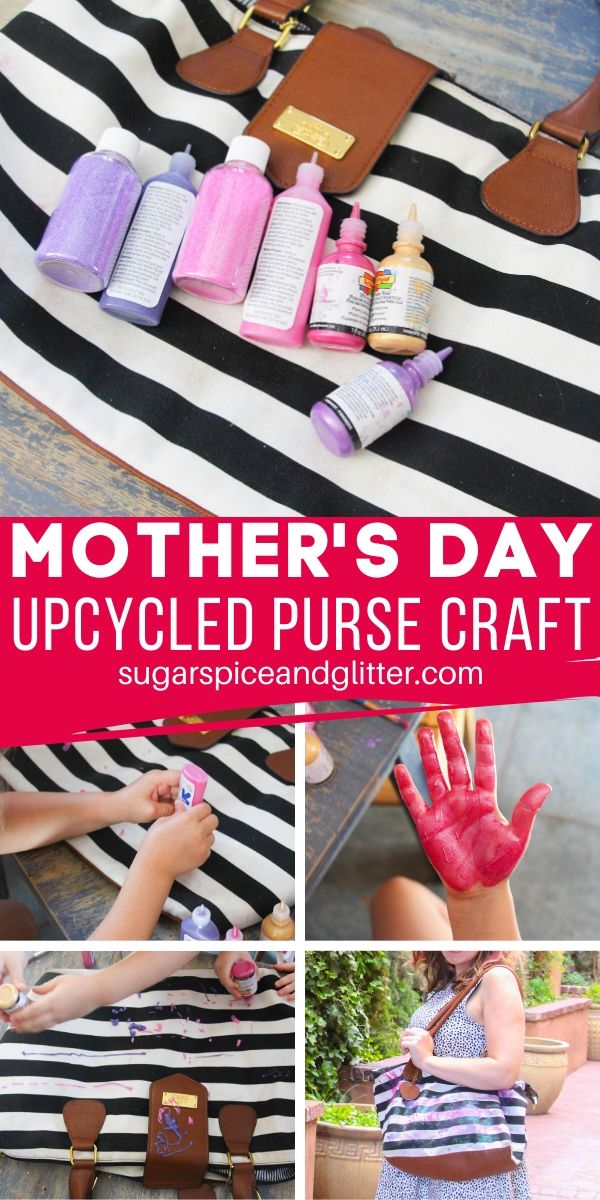 A cute parting gift before Mom's first vacation without the kids, or just a thoughtful handmade Mother's Day gift kids can make. This upcycled purse craft is a great way to give new life to a stained purse