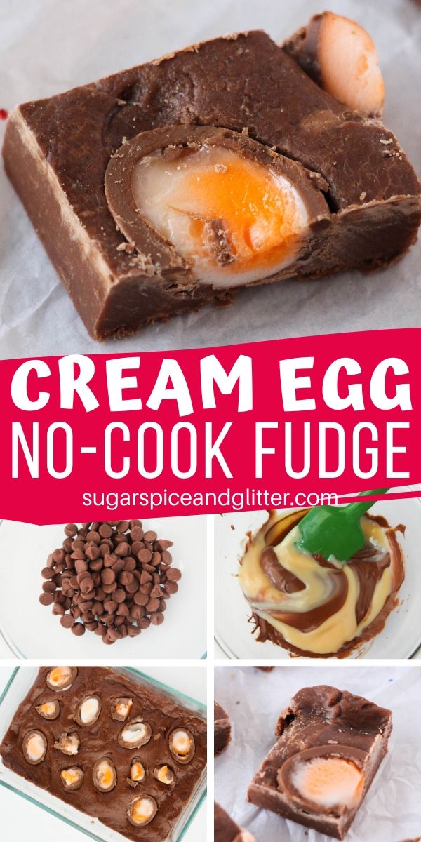 How to make Creme Egg Fudge, a super simple no-cook fudge recipe with just 3 ingredients! This no bake Easter dessert is as decadent as it is simple.
