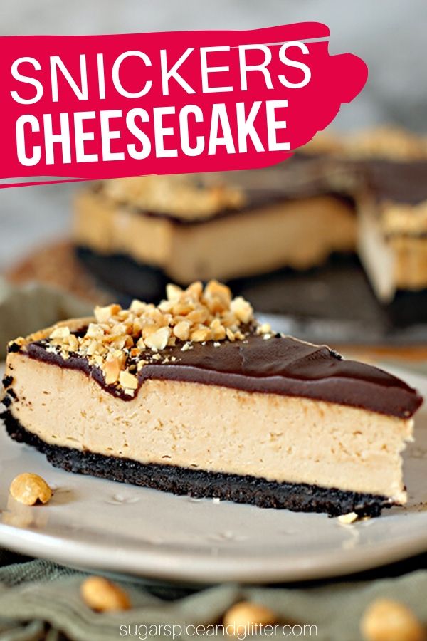 This Snickers Cheesecake is the height of decadence for true Snickers fans - buttery OREO cookie crust, rich peanut butter cheesecake filling, and a silky chocolate ganache topped with peanuts